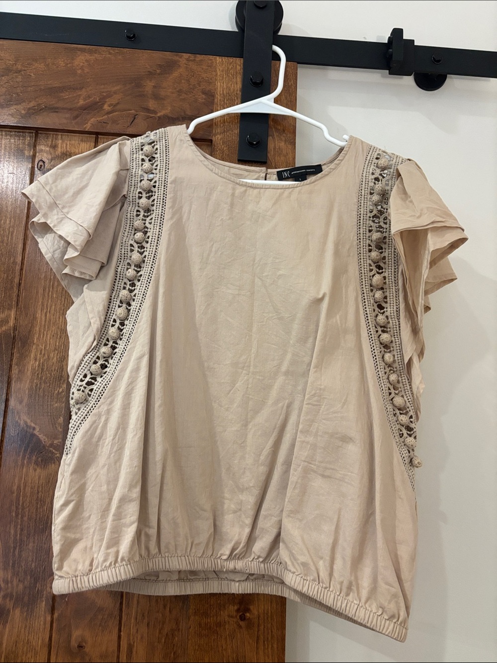 INC International Concepts Beige Crochet-Trim Flutter Sleeve Blouse